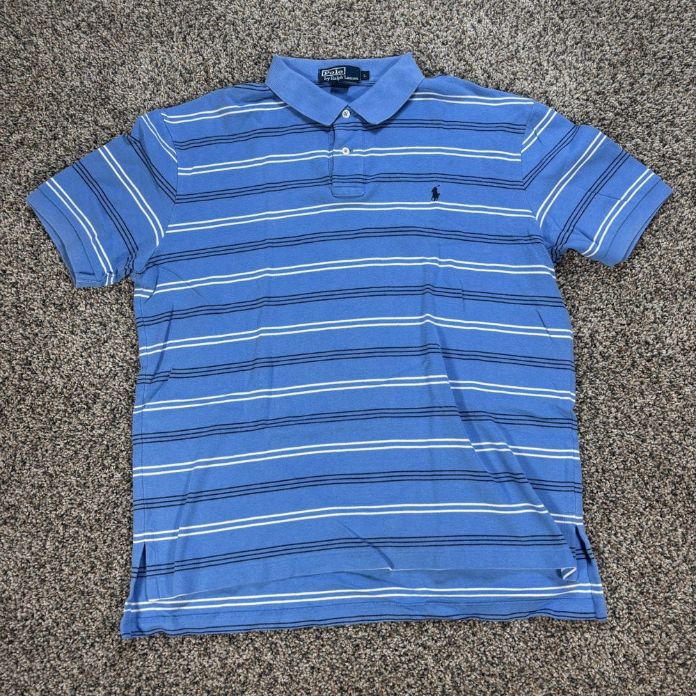 Polo Ralph Lauren Men's L Blue Striped Short Sleeve Cotton Polo Shirt Pony Logo